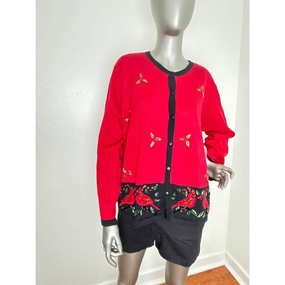 BFA Classics Women's Holiday Beaded Cardinals Cardigan‎ Christmas Sweater 1X
